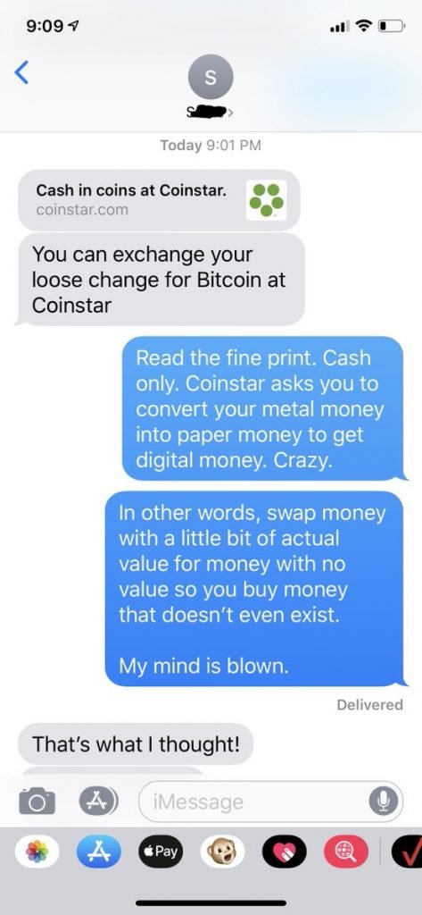Text thread about Coinstar accepting bitcoin.