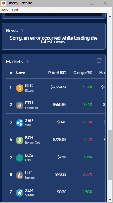 Интерфейс мультивалютного кошелька Jaxx Liberty