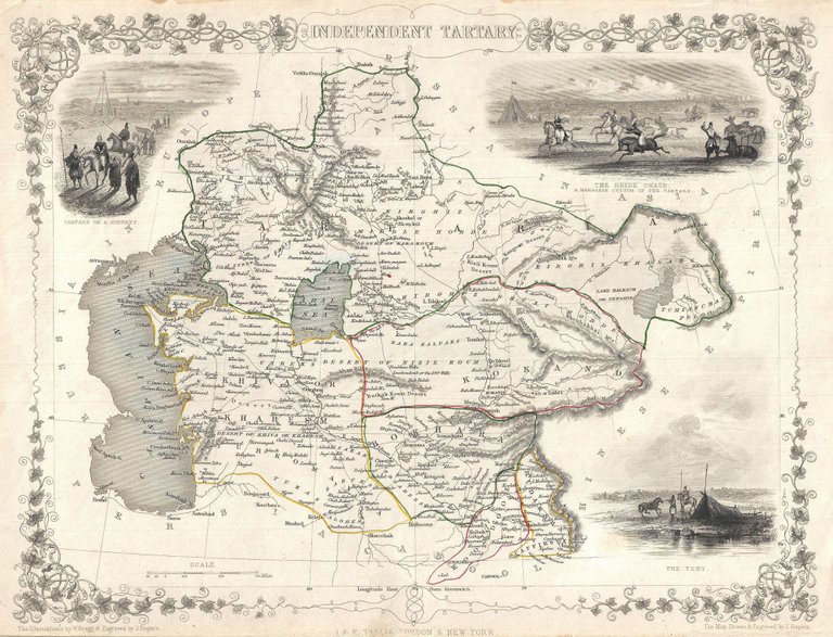 A highly decorative 1851 map of Independent Tartary by John Tallis and John Rapkin. Covers the regions between the Caspian Sea and Lake Bakquash and between Russia and Afghanistan. These include the ancient Silk Route kingdoms of Khiva, Tartaria, Kokand, and Bokhara. Today this region roughly includes Kazakhstan, Uzbekistan, Turkmenistan, Kyrgyzstan, and Tajikistan. This wonderful map offers a wealth of detail for anyone with an interest in the Central Asian portion of the ancient Silk Road. Identifies various caravan routes, deserts, wells, and stopping points, including the cities of Bokhara and Samarkand. Three vignettes by W. Bragg decorate the map, these including an image of Tartars on a Journey, a horseback Bride Chase, and a tartar camp site. Surrounded by a vine motif border. Engraved by J. Rapkin for John Tallis’s 1851 Illustrated Atlas.