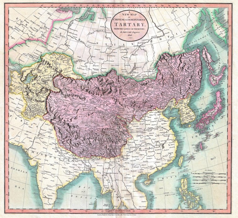 Map of independent Tartary (in yellow on the left) and Chinese Tartary (in violet), in 1806. (Source: Wikipedia)