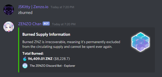 ZENZO Chan Bot Command for checking total ZNZ burned