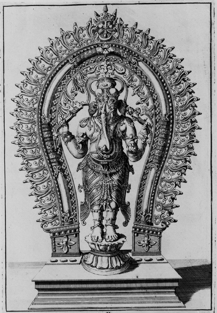 Image of Indian Hindu deity Ganesha or Ganapati. (The idol with the elephant snout is named Quenevady , son of the God Ixora or Elsware , sometimes also called Vievrepedra .)