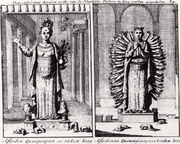 Two female idols revered by Niukhian (Manchurian) Tartars in China. Left: Female idol Quangenposa, 12 fathoms high. Right: Female idol Quoungiapusa, 8 fathoms high.