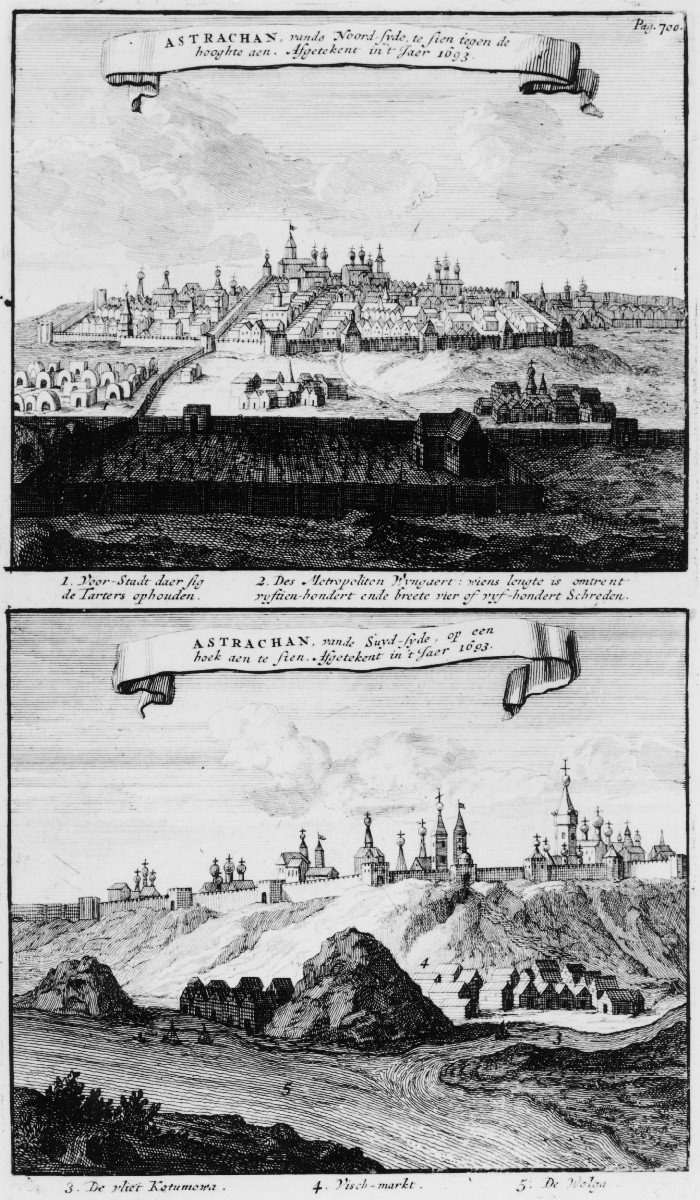 Top: Astrachan seen from the North against the high bank. Bottom: Astrachan seen from the South and looking at a corner. Drawn in the year 1693.