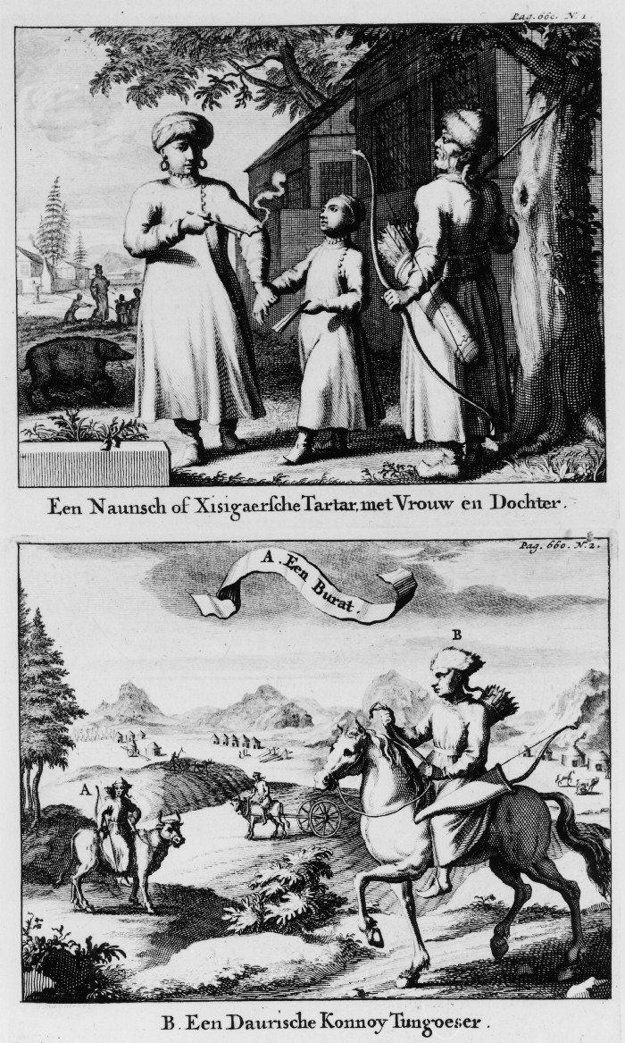 Top: A Naun or Khisigarian Tartar with spouse and daughter Bottom: A. A Buryat. B. A Daurian Konnoi Tungus