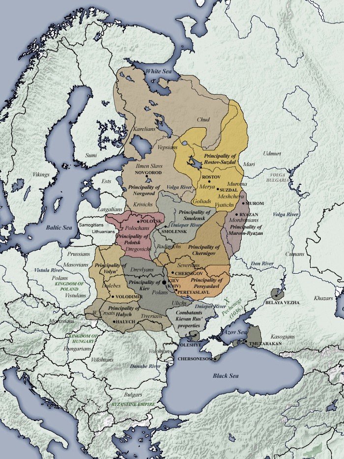 Realm of Kievan Rus’ at its height superimposed over modern European borders (with dependent lands). (Source: Wikipedia)