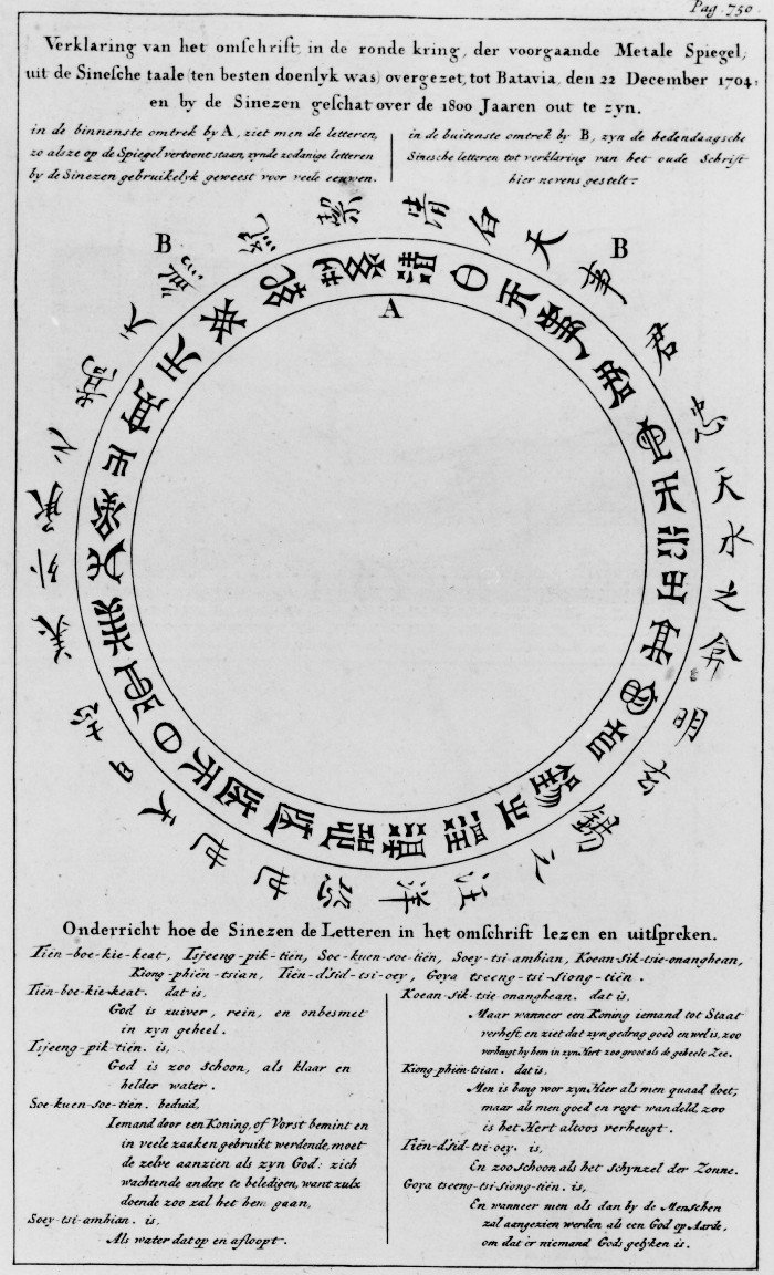 Top text: Explanation of the text in the Chinese language in the circle on the previous metal mirror as good as possible translated in Batavia on 22 December 1704 and of which the age was estimated by the Chinese to be more than 1800 years. In the inner circle near A one sees the letters which are engraved in the mirror and which were used by the Chinese many ages ago. In the outer circle one sees the modern Chinese characters which correspond with the ancient text and explain it. Bottom text: Instruction how the Chinese read and pronounce the text in the circle.