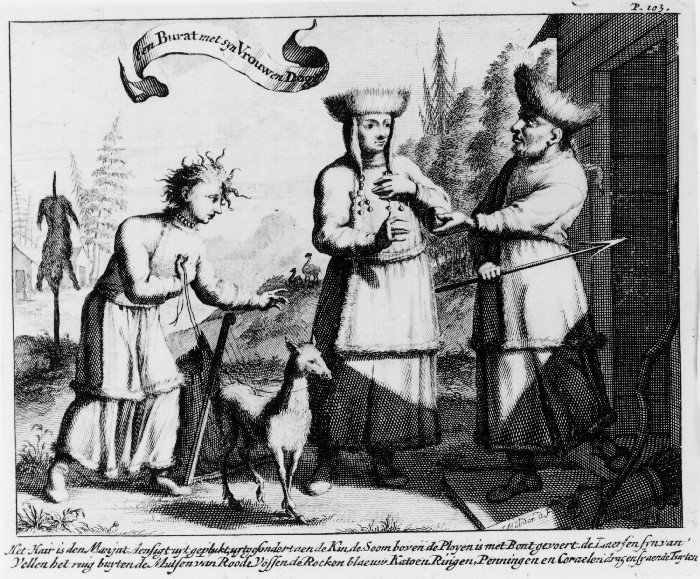 A Buryat with his Wife and Daughter. (Translation of the subtext: The hair is removed from the man’s face except for the chin, The seam above the pleats is lined with fur, The boots are [made] of hides with the rough side outside, The caps are [made] of red fox, The skirts [are made] of blue cotton, Rings, coins and corals they wear in their braids.)