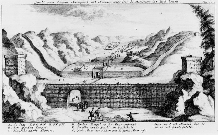 View of one Chinese Wall gate in the North through which the Muscovites enter the Empire. (Chinese Guard Tower F. First Wall, 200 fathoms from the Great Wall, where every entering or leaving person is counted.)