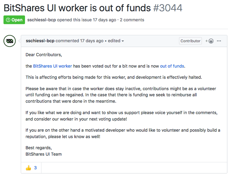 GitHub pinned issue from BitShares UI team