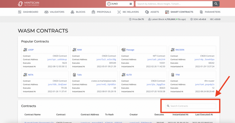 finding smart contracts on mintscan juno block explorer