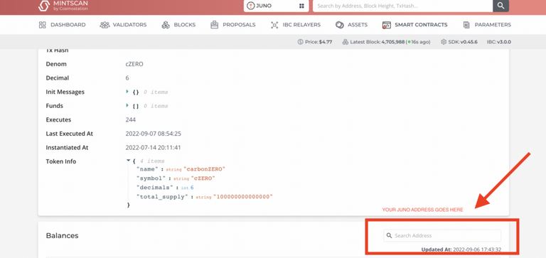searching JUNO wallet address on smart contract explorer