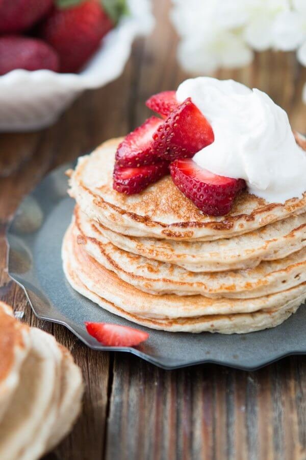 It's healthy so I can eat 50, right? Skinny Gluten Free Strawberry Shortcake Pancakes ohsweetbasil.com