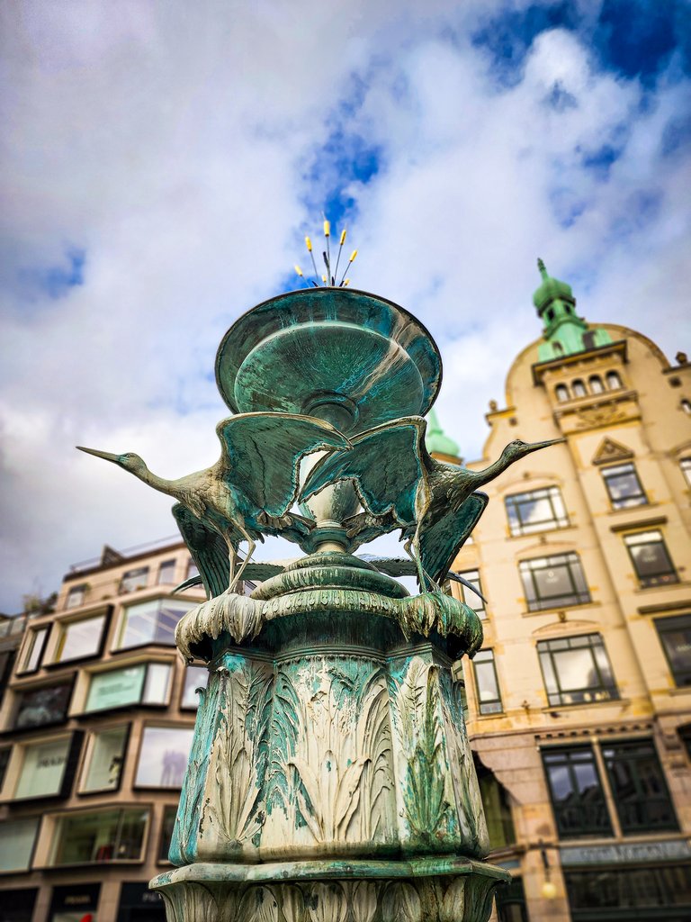 Stork Fountain in Copenhagen with sculpted storks and decorative elements