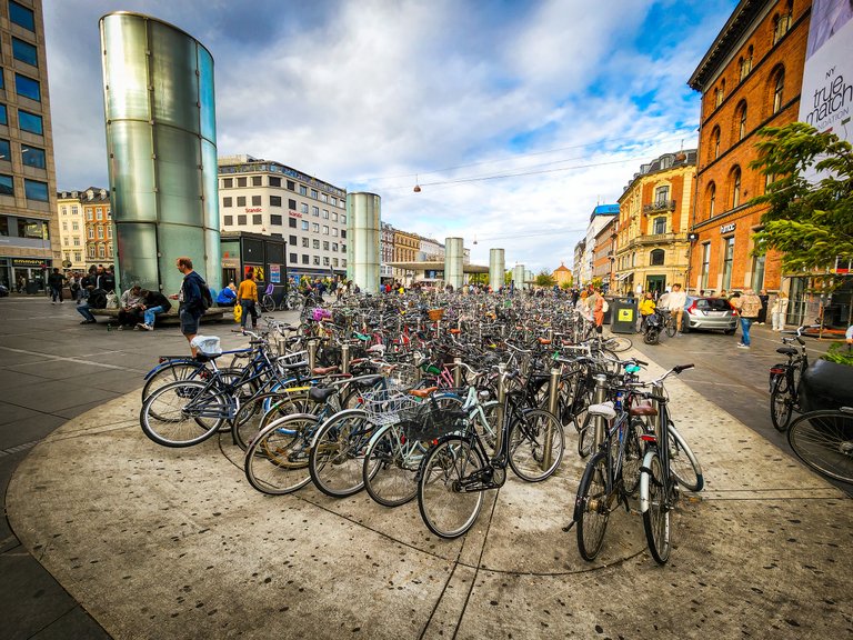 Rows of bicycles parked on a Copenhagen street, a common sight in the city