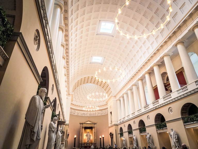 Interior of the Church of Our Lady in Copenhagen with the Christus statue in the background