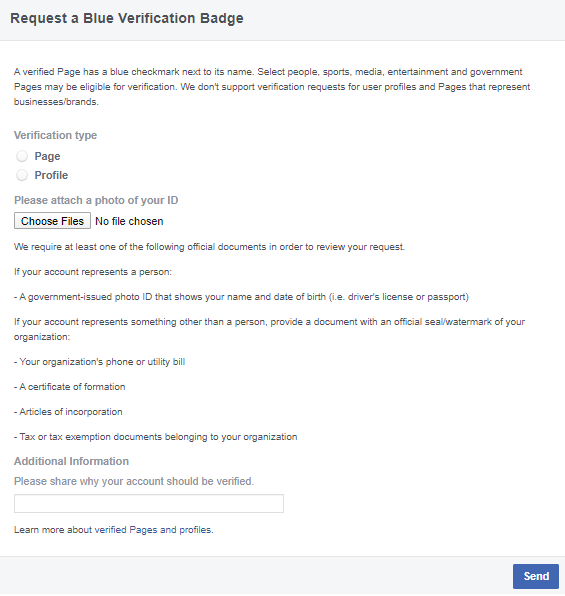 Form verifikasi akun facebook