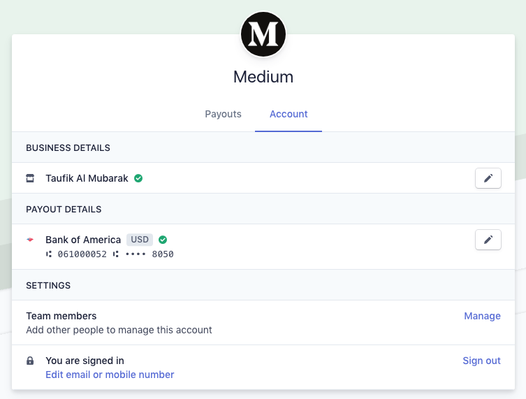 Akun Medium terhubung dengan Stripe