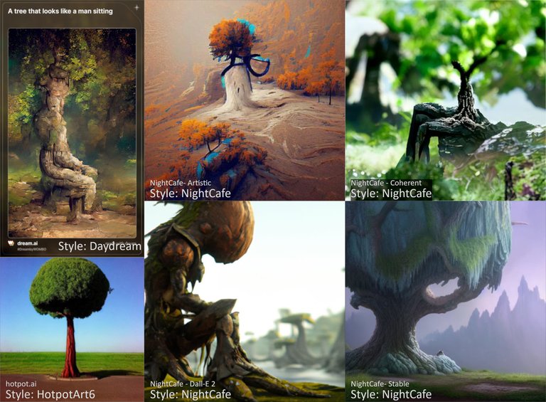 AI Art comparison: A tree that looks like a man sitting