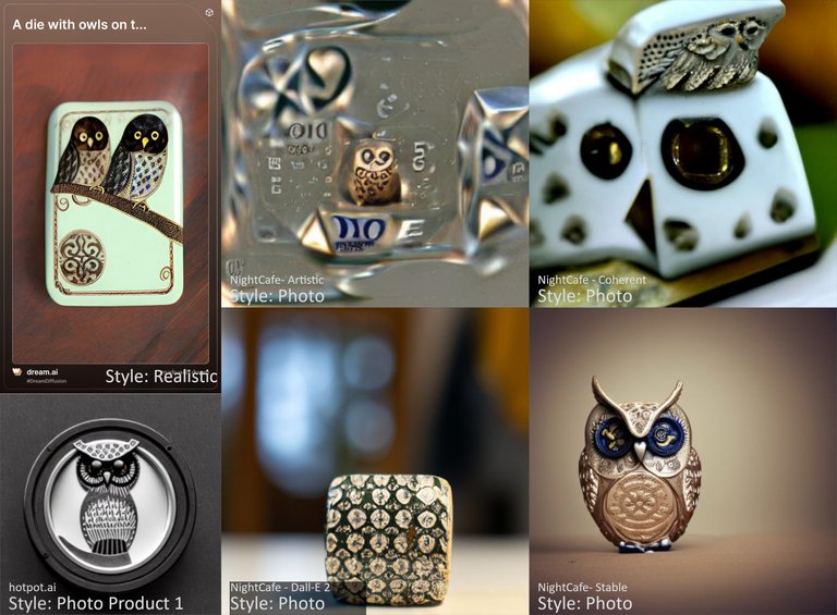 AI Art comparison: A die with owls on the sides