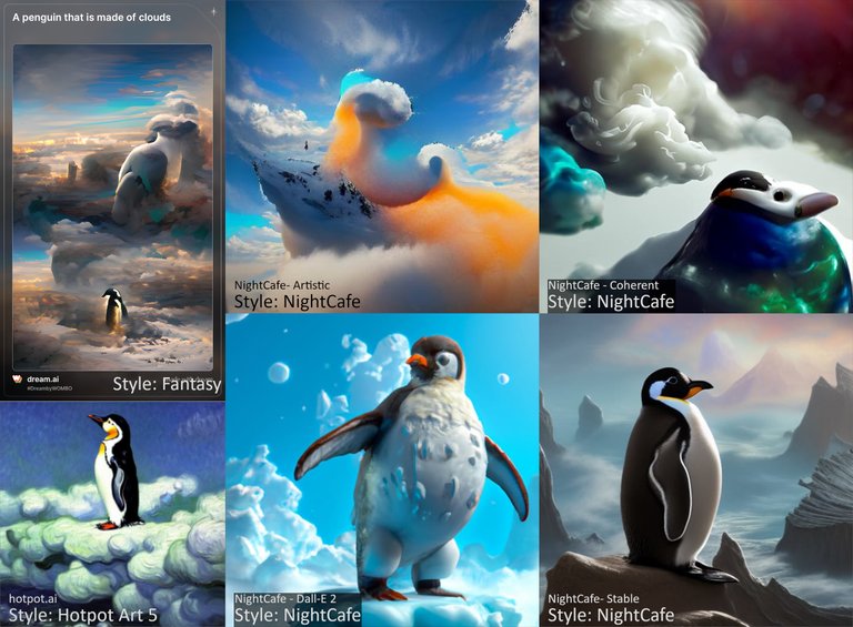 AI Art comparison: A penguin that is made of clouds