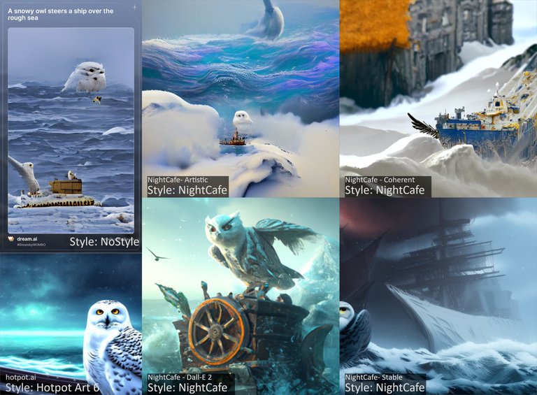 AI Art comparison: A snowy owl steers a ship over the rough sea