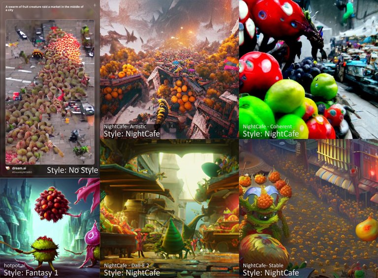 AI Art comparison: A swarm of fruit creature raid a market in the middle of a city