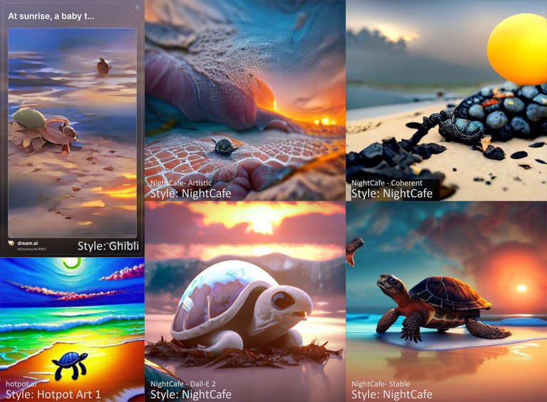AI Art comparison: At sunrise, a baby turtle hatches