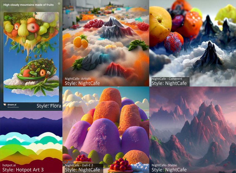 AI Art comparison: High cloudy mountains made of fruits