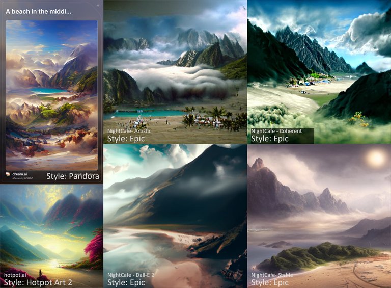 AI Art comparison: A beach in the middle of a valley surrounded by high cloud covered mountains