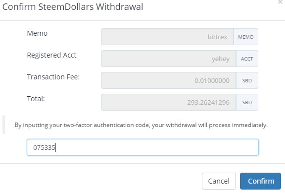 QUE.com.Bittrex.Buy.STEEM.SBD.withdraw.twofactorauthentication.confirmation