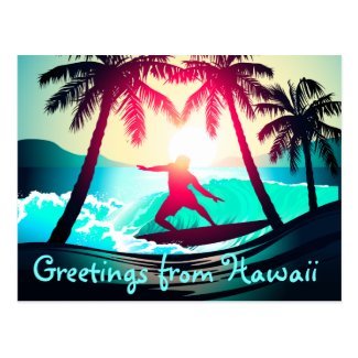 Surfing with palm trees postcard