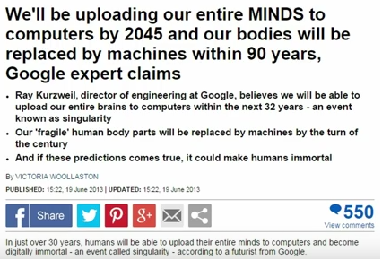 Google's Dir. Ray Kurzweil, "We'll be uploading our entire minds to computers by 2045"