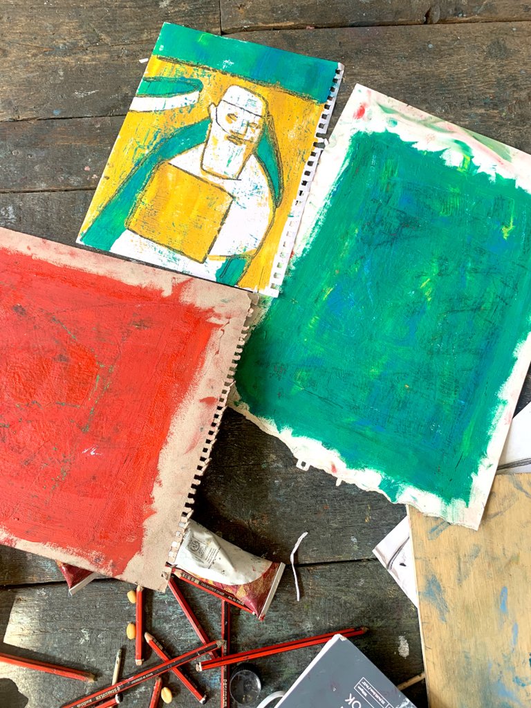 Red and green oil boards for transfering the image from.
