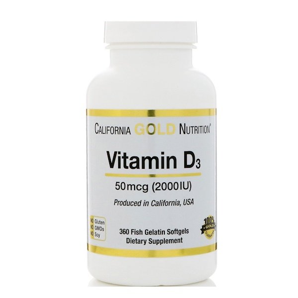 California Gold Nutrition, ÐÐ¸ÑÐ°Ð¼Ð¸Ð½ D-3, 50 Ð¼ÐºÐ³ (2000 ÐÐ), 360 Ð¼ÑÐ³ÐºÐ¸Ñ ÐºÐ°Ð¿ÑÑÐ» Ñ Ð¾Ð±Ð¾Ð»Ð¾ÑÐºÐ¾Ð¹ Ð¸Ð· ÑÑÐ±ÑÐµÐ³Ð¾ Ð¶ÐµÐ»Ð°ÑÐ¸Ð½Ð°