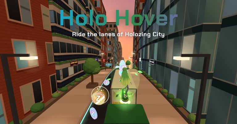Holo Hover: Fern riding a hoverboard through Holozing City