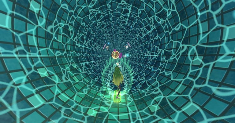 Holo Vortex: a healer riding the inside of a neon tube