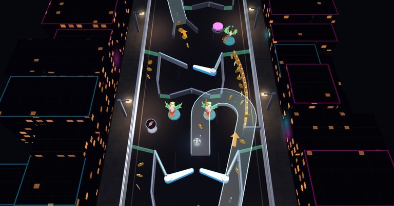 Pinnacle: a pinball tower on a neon street at night