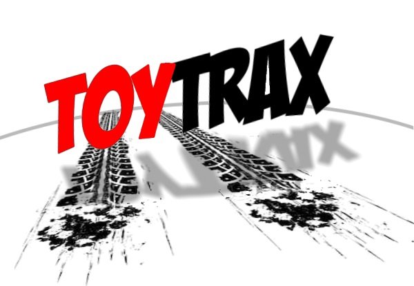 ToyTRAX red and black logo with tread tracks running under it into the distant horizon line.  ToyTRAX not only runs toys down, it runs them over!