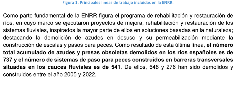 Párrafo de la Estrategia Nacional de Restauración de Ríos del ministerio en el que se lee, en negrita, que el número total acumulado de azudes y presas obsoletas demolidos en los ríos españoles es de 737 y el de sistemas de paso para peces construidos es de 541