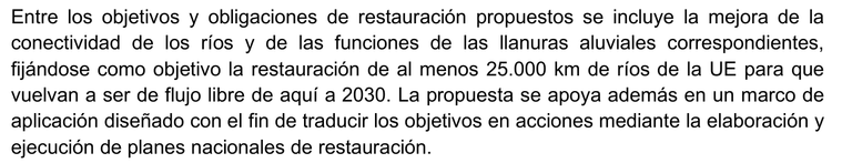 Párrafo de la Estrategia Nacional de Restauración de Ríos en el que el ministerio recoge el objetivo europeo de restaurar al menos 25.000 kilómetros de ríos de la UE para que vuelvan a ser de flujo libre de aquí a 2030