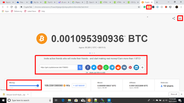 Cryptotab Browser screenshot showing that it is mining bitcoin at 100 H/s at a click of a button.