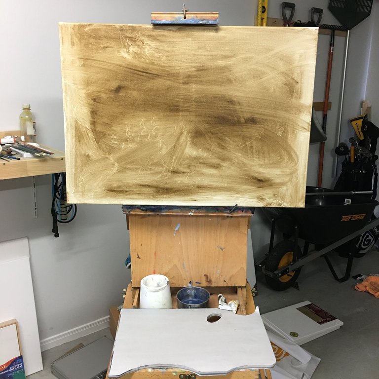 1. Stain The Canvas. Painting Tutorial - Secrets On The Lake.JPG