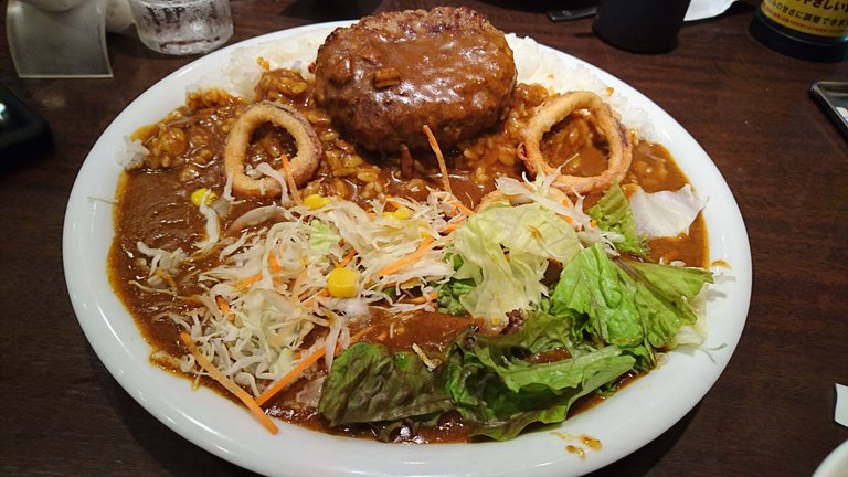 Curry Rice with hamburger salad and fried squid.JPG