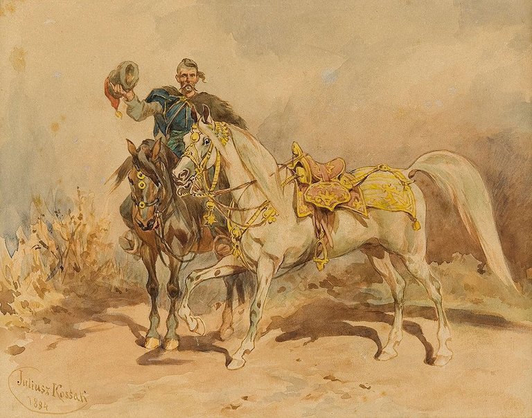 Kossak Juliusz. Cossack with a Horse 1884 watercolor.jpg