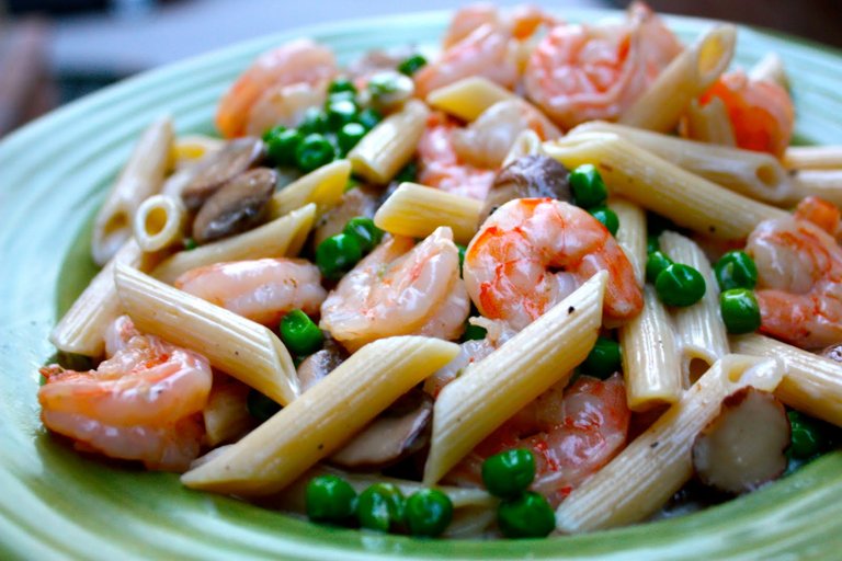 Sauteed Shrimp, Mushrooms, and Peas over Penne with Parmesan Cream Sauce.JPG