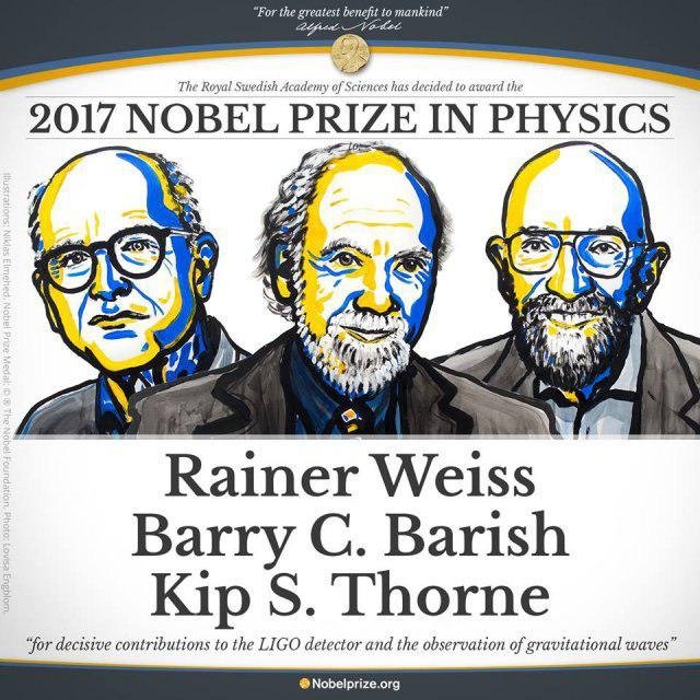 Fizika bo’yicha 2017-yil Nobel mukofoti laureatlari: Rayner Vayz (Rainer Weiss). Barri Berish (Barry C. Barish) va Kip Torn (Kip S. Thorne)