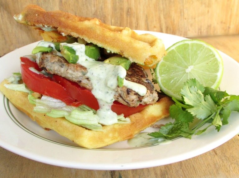 Lime-Chicken-Burgers-on-Cheesy-Jalapeño-Corn-Waffle-with-Cilantro-Yogurt-Sauce-5-1024x767.jpg