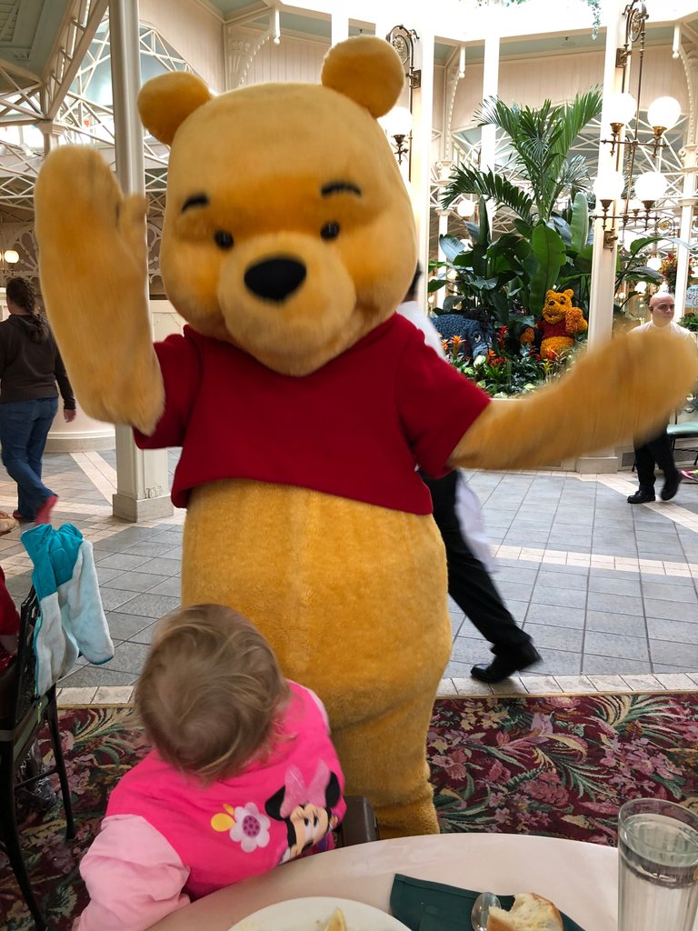 Winnie the Pooh fist bump with explosion Lunch Buffet in Walt Disney World at Crystal Palace!.jpg