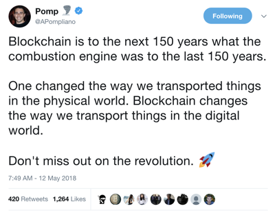 Pomp 🌪 on Twitter   Blockchain is to the next 150 years what the combustion engine was to the last 150 years  One changed the way we transported things in the physical world  Blockchain changes the way we transport things in the digital .png